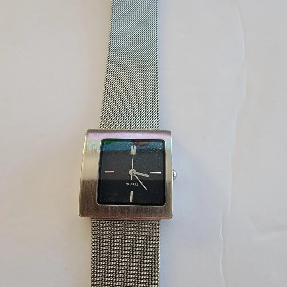Womens Watch Black Dial Square Case Silver Mesh Bracelet Quartz Analog